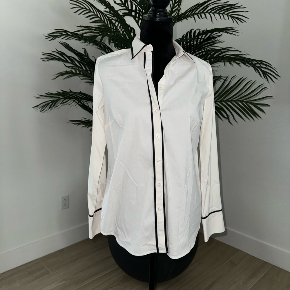 Ann Taylor White Button-Down Shirt with Black Piping